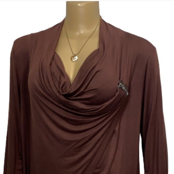 Patrizia Luca Blouse Asymmetrical Draped Cowl Neck Brown Zip detail size XL - Picture 11 of 17